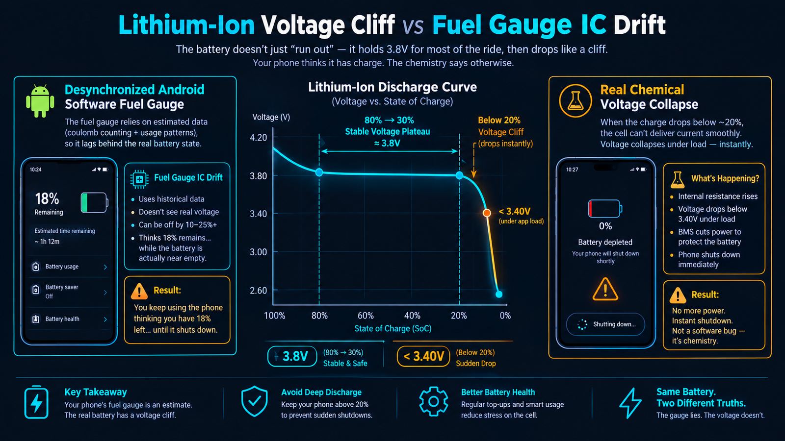 Lithium-ion discharge voltage cliff vs fuel gauge IC software calibration drift diagram