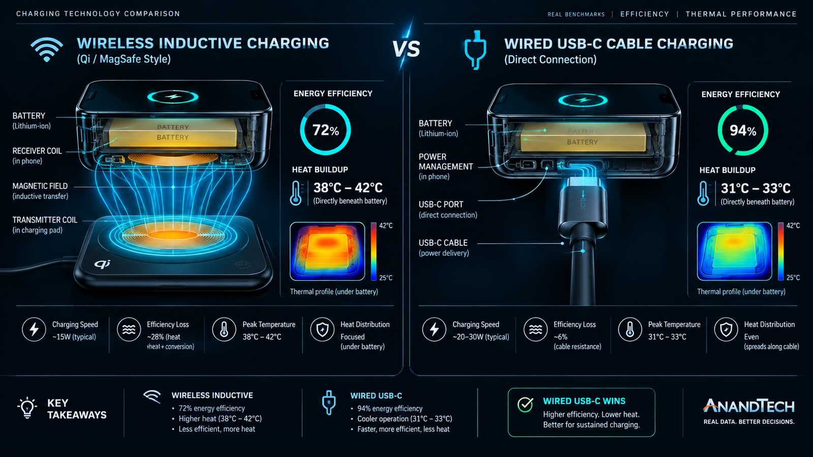 Wireless Inductive Charging vs Wired USB-C Cable Thermal Efficiency Diagram