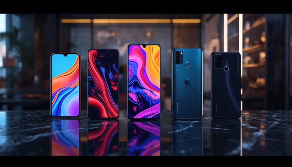 lucid-origin_Cinematic_wide_shot_of_five_flagship-killer_smartphones_arranged_elegantly_on_a_-0
