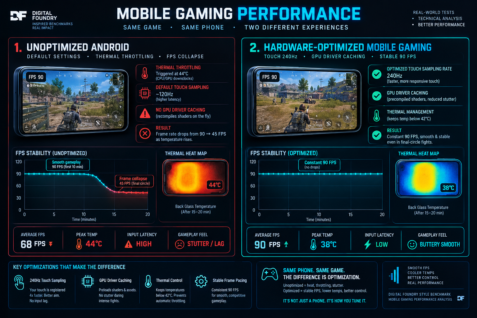 Android Gaming Thermal Throttling vs Stable 90 FPS Performance Benchmark Diagram