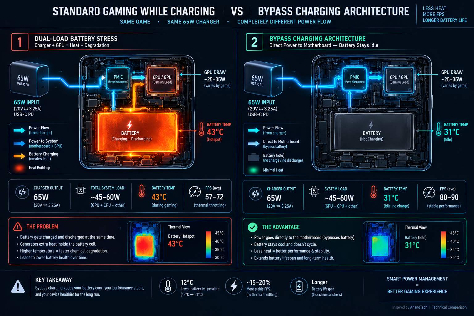 Dual-Load Gaming Thermal Stress vs Motherboard Bypass Charging Architecture Diagram