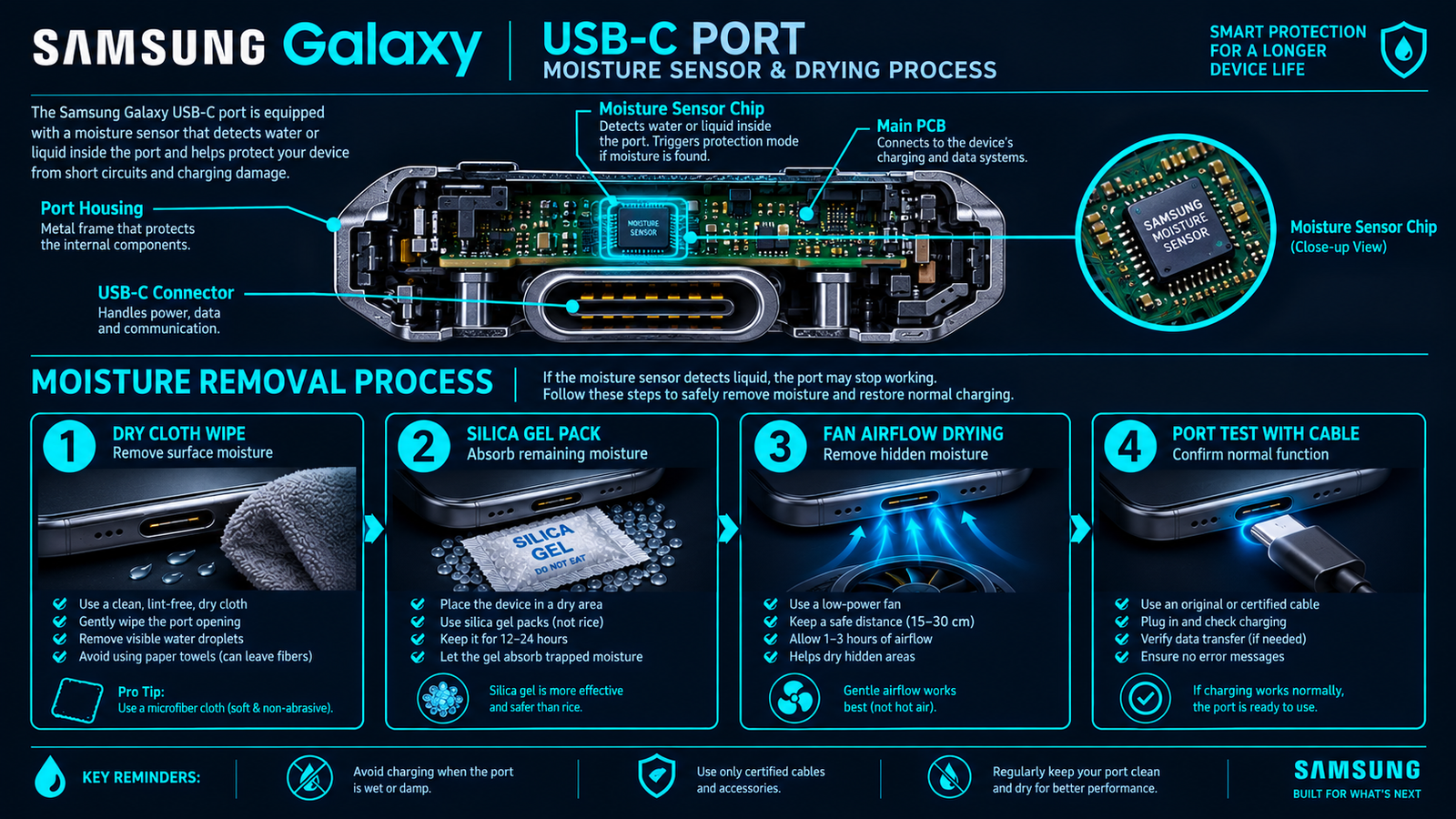Samsung moisture detected charging port fix diagram — step by step drying and sensor reset process