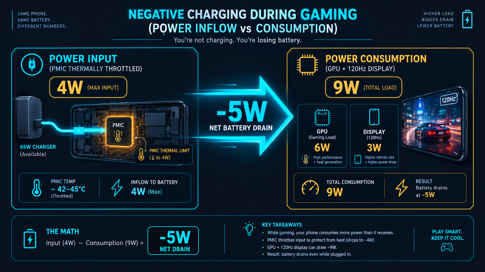 Negative charging power deficit diagram showing PMIC thermal throttling vs mobile gaming power consumption