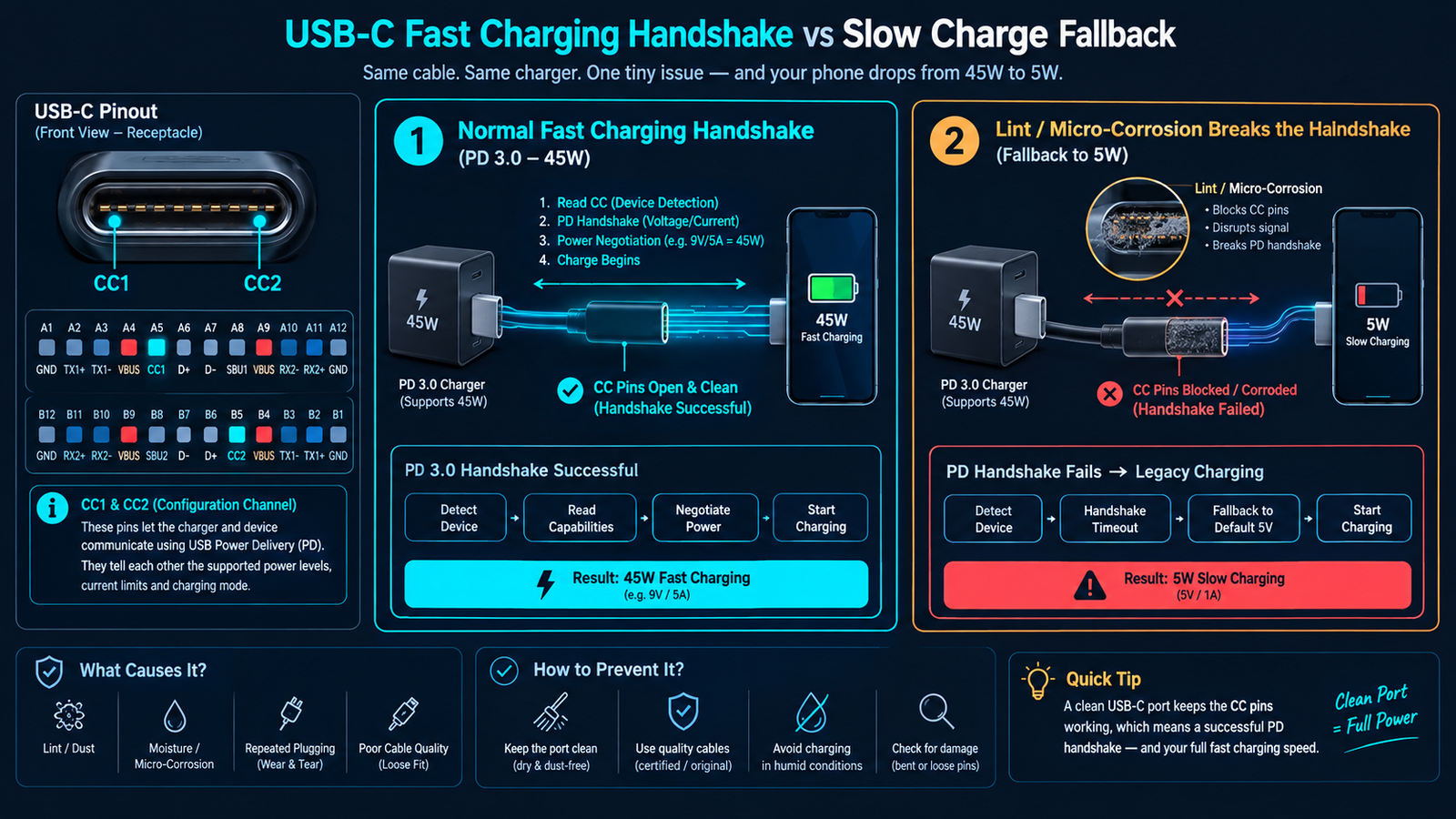 USB-C fast charging handshake vs slow charge fallback diagnostic diagram